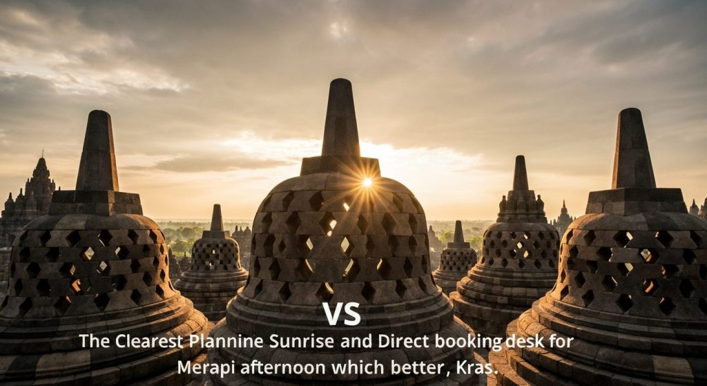 borobudur sunrise tour vs afternoon which better — Photorealistic editorial travel photograph relevant to: The clearest