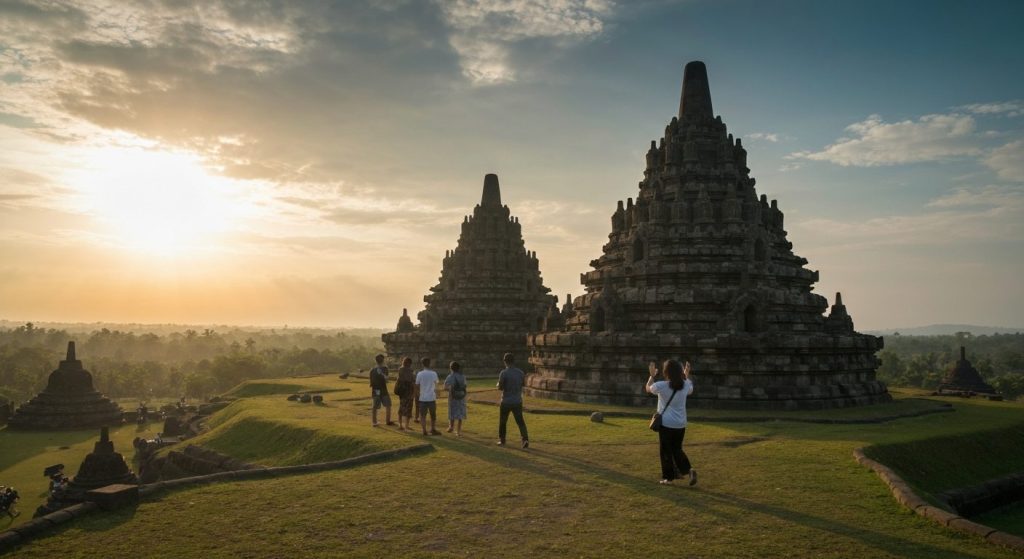 yogyakarta tours comparison prambanan merapi borobudur — Photorealistic editorial travel photograph relevant to: The cle